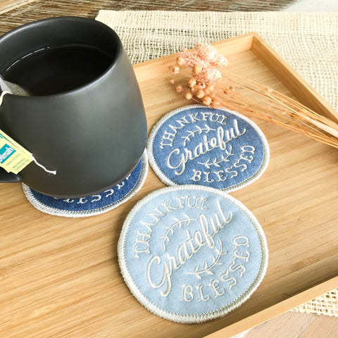 Thankful-Grateful-Blessed Denim Coasters - Set of 3
