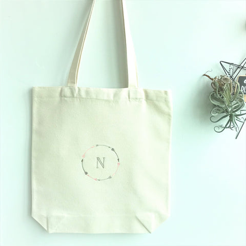 Personalised Canvas Tote Bag + Monogram & Wreath (W004)