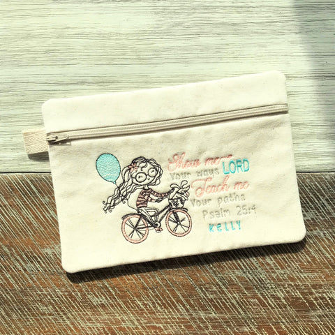 Handmade Flat Pouch - Psalm 25:4 + Sketch Girl with Glasses